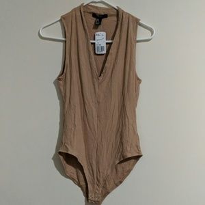 Tan ribbed v neck body suit